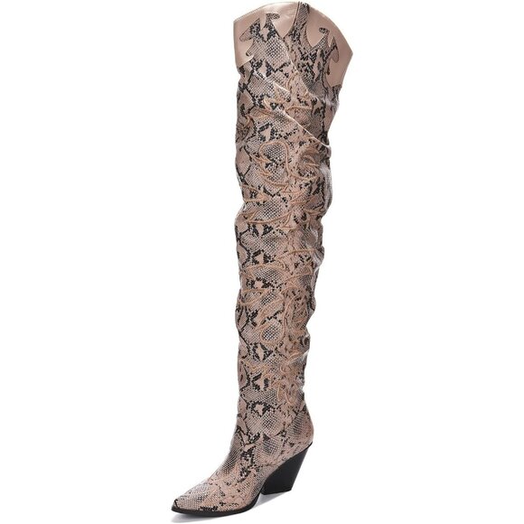 Women Snake Fabric Thigh High Over The Knee Pointed Toe Chunky Heel Fashion Boot - Picture 4 of 6